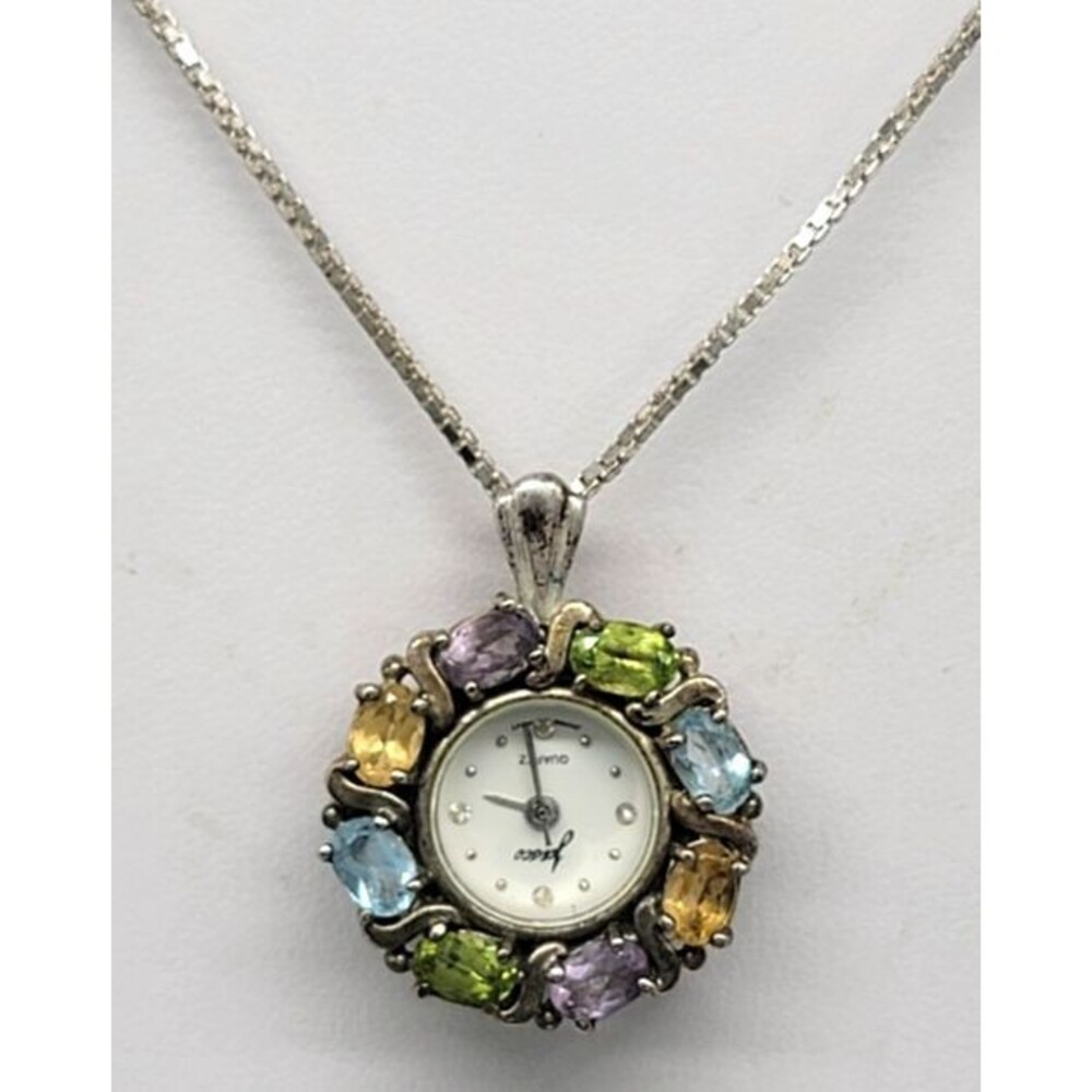 Jasca 925 Sterling Silver Gemstone Watch Pendant Necklace Working Quartz Italy